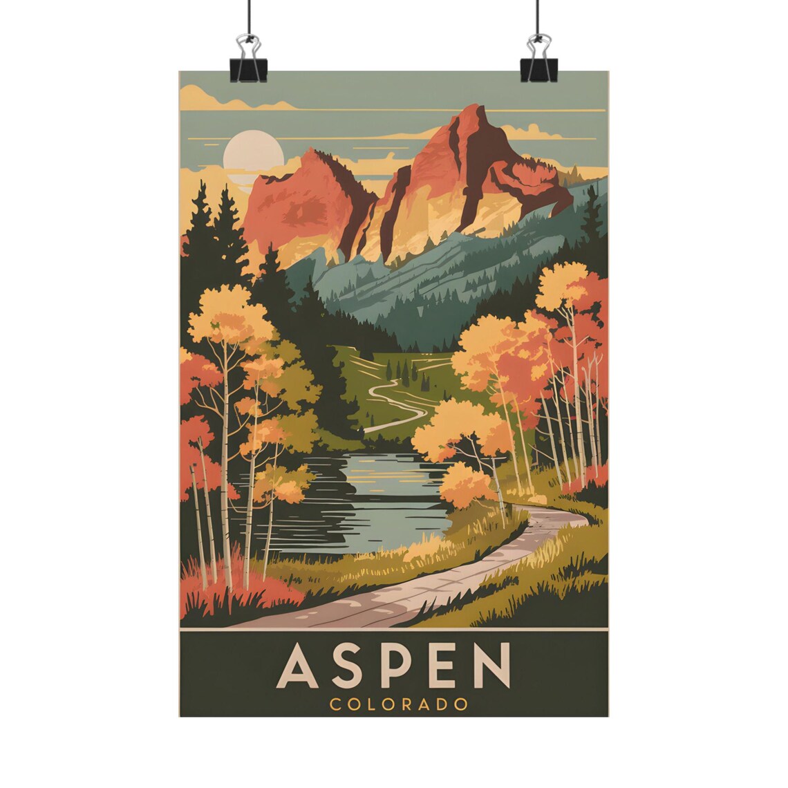 Aspen Colorado Autumn Aspens Mountain Lake Retro Travel Poster