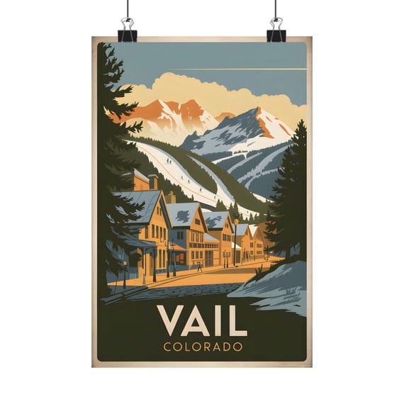 Vail Colorado Vintage Travel Poster Art Mountain Ski Resort Wall Decor Decorated Home Cabin Lodge Print