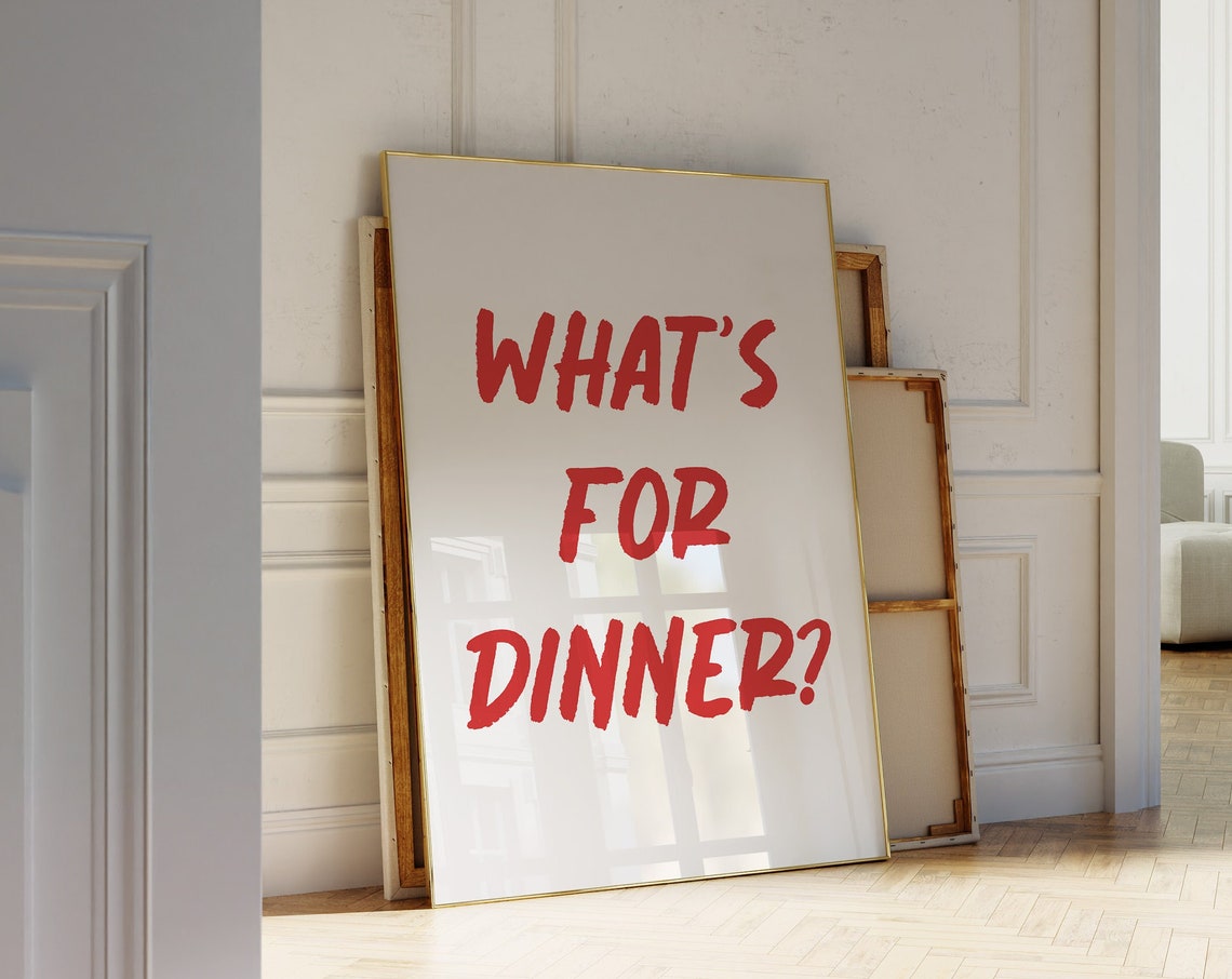 What's For Dinner Red Handwritten White Kitchen Wall Art Print
