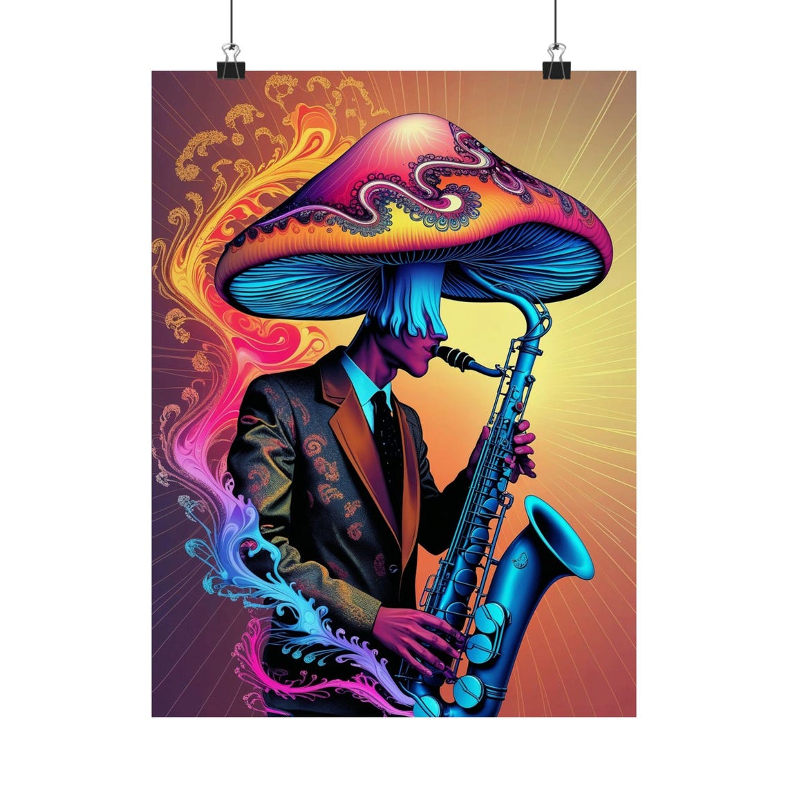Mushroom Headed Jazz Saxophonist Psychedelic Surreal Art Print Decor - Image 3