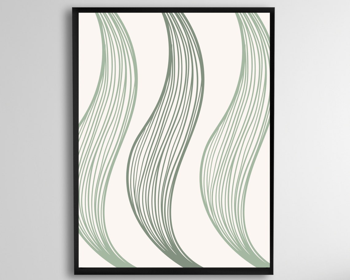 Minimalist Green Line Waves Abstract Modern Organic Wall Art