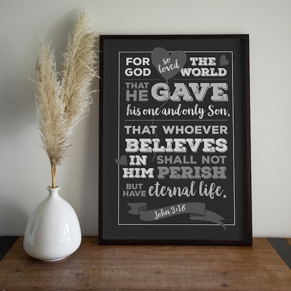 John 3:16 For God So Loved the World Black Chalkboard Style Print