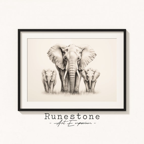 Elephant Safari Illustration Spring Wall Art Minimal Animal Portrait Pencil Drawing Decor Neutral Print