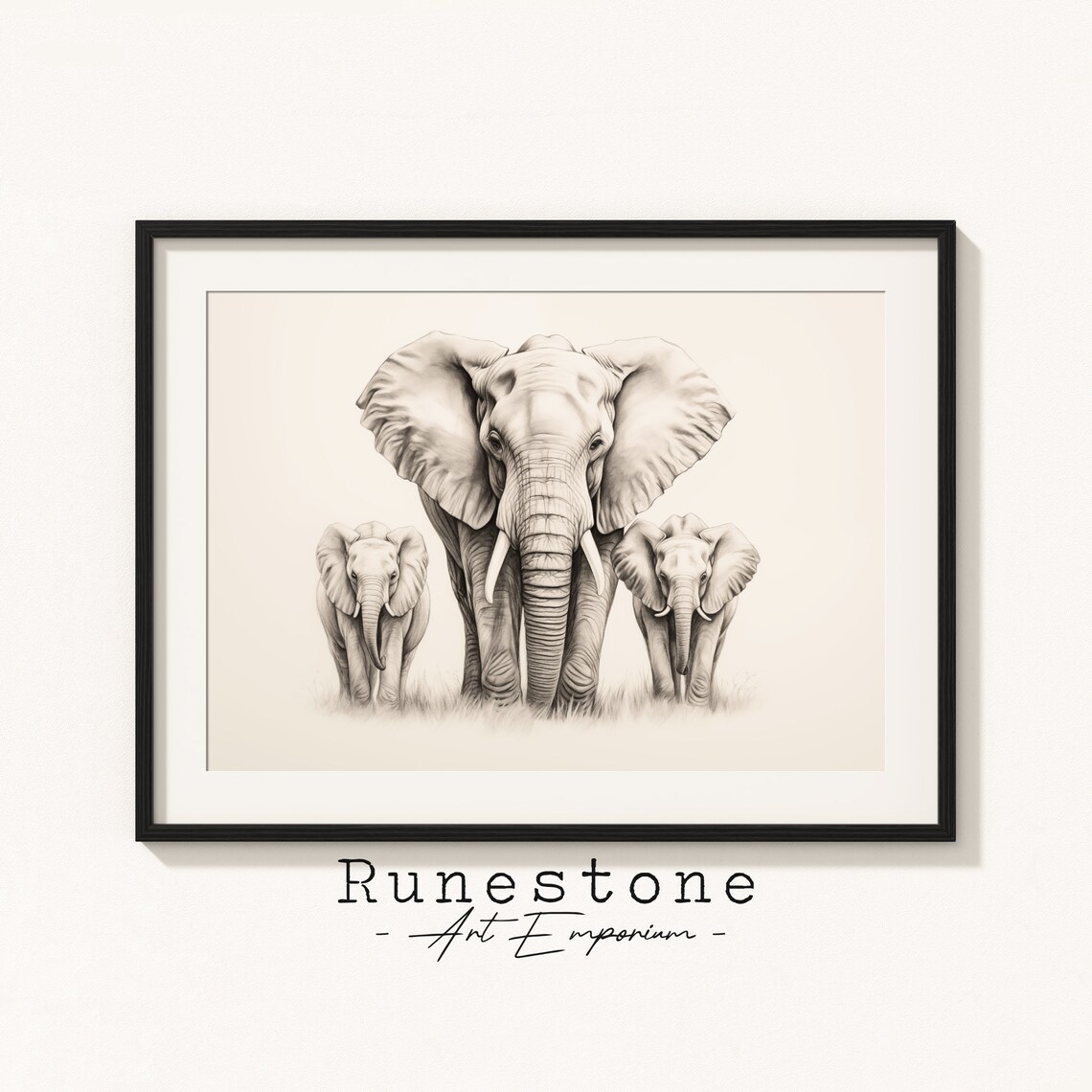 Elephant Family Trio Pencil Sketch Baby Elephants Safari Art Poster