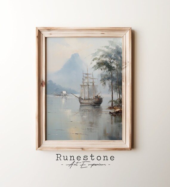 Tall Ship In Misty Harbor Palm Trees Mountain Coast Watercolor Poster
