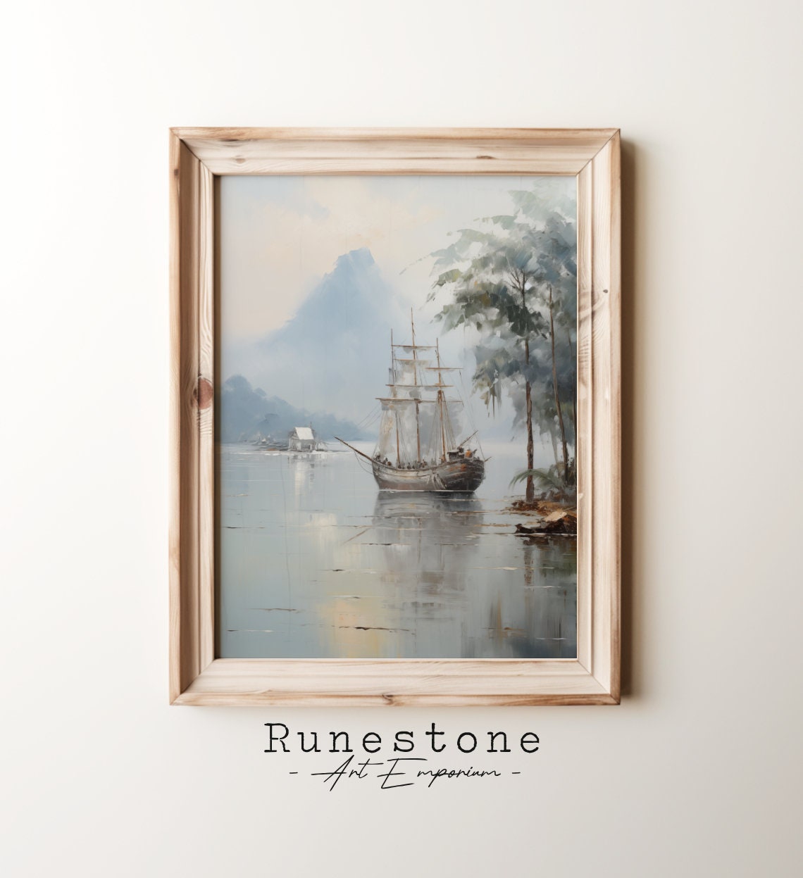 Tall Ship In Misty Harbor Palm Trees Mountain Coast Watercolor Poster