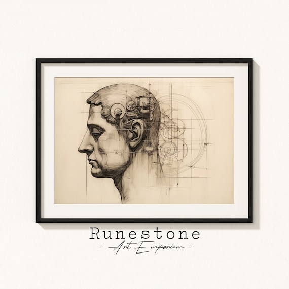 Abstract Psychology Illustration Moody Man Figure Sketch Minimal Antique Wall Art Neutral Pencil Drawing Print