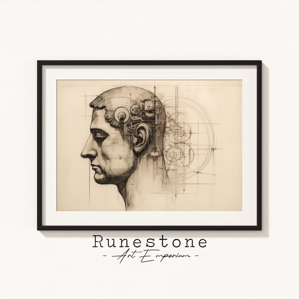 Classical Head with Clockwork Gears Blueprint Psychology Sketch Poster