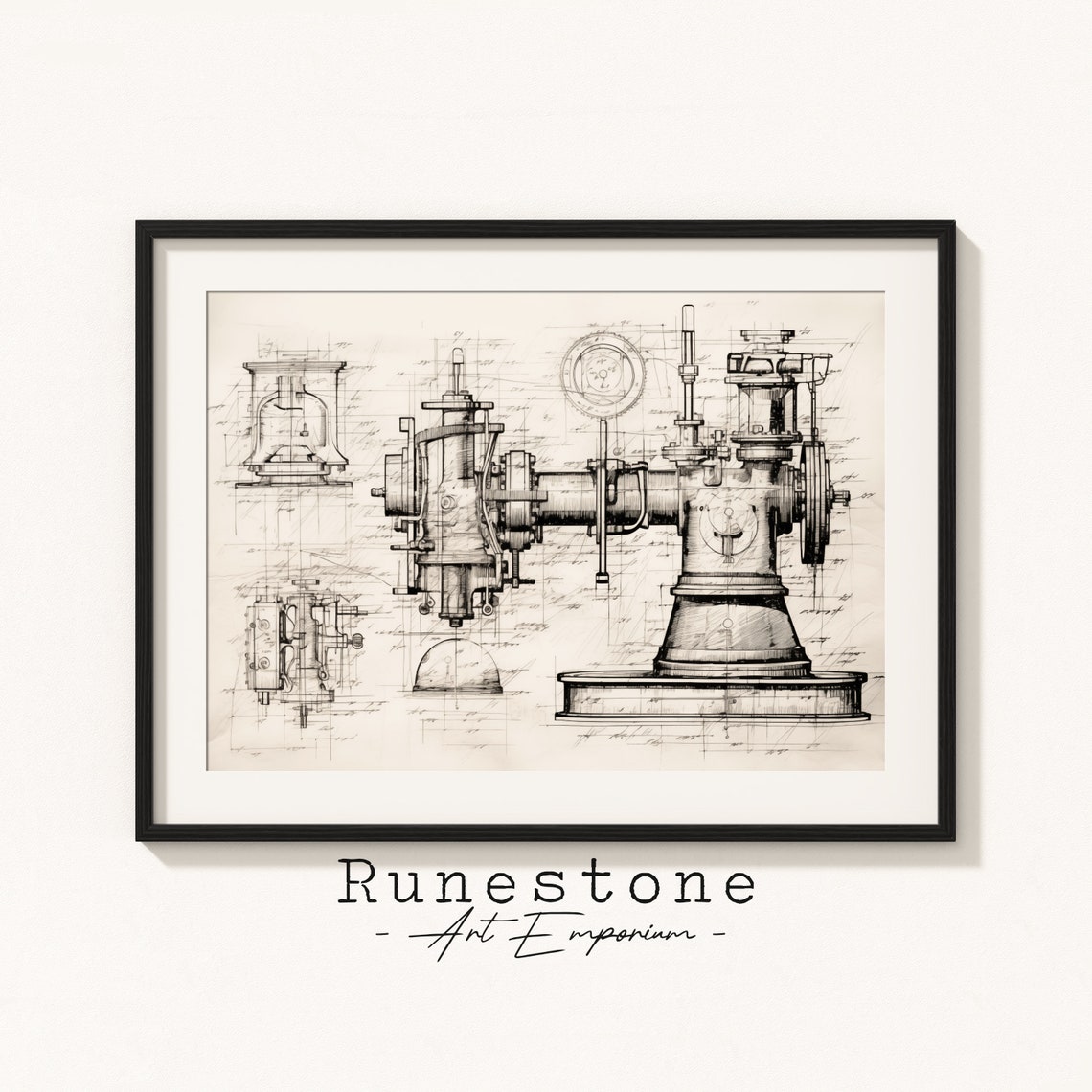 Antique Machine Blueprint Schematic Technical Drawing Sketch Poster