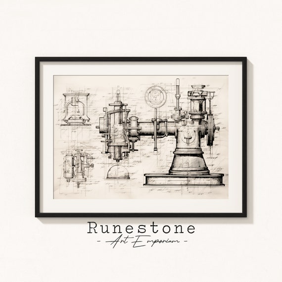Antique Machine Schematics Rough Blueprint Sketch Minimal Wall Art Patent Etching Industrial Print