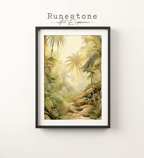 Sunlit Palm Jungle Pathway Vintage Tropical Watercolor Poster