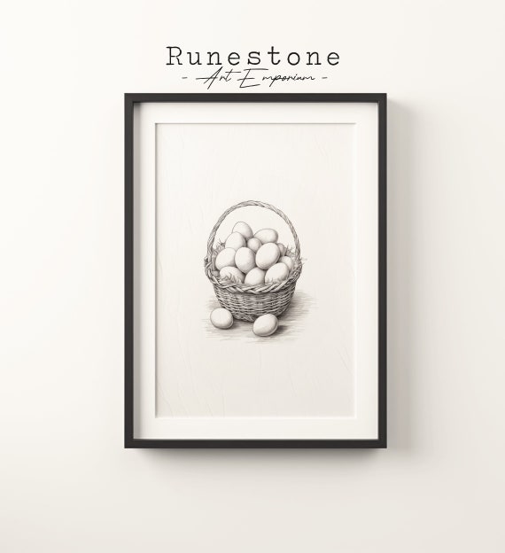Easter Egg Basket Sketch Print Festive Wall Art Minimal Portrait Pencil Drawing Decor Neutral