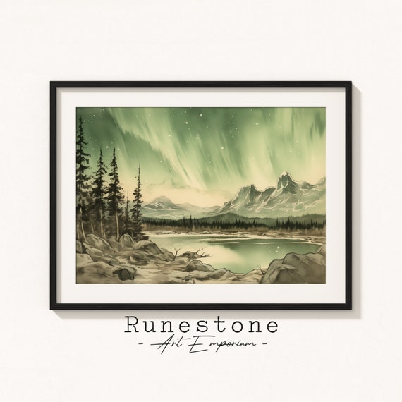 Antique Aurora Borealis Sketch Natural Wonder Wall Art Vintage Bohemian Hand Drawn Winter Landscape Print