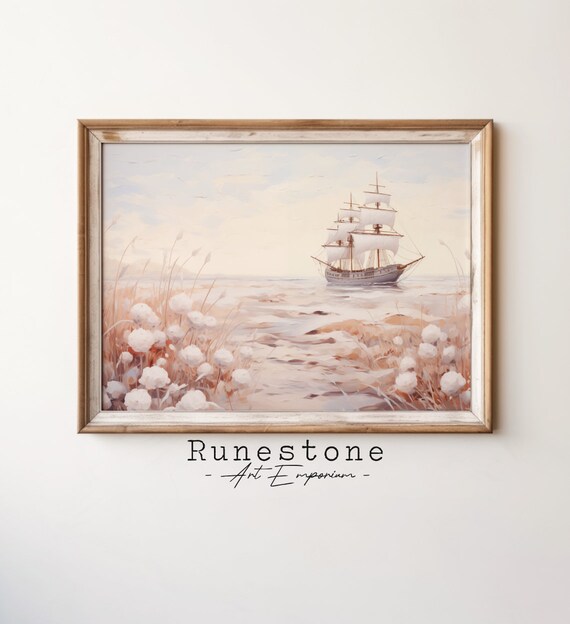 Tall Ship At Anchor Blush Pink Waters Coastal Nautical Vintage Poster