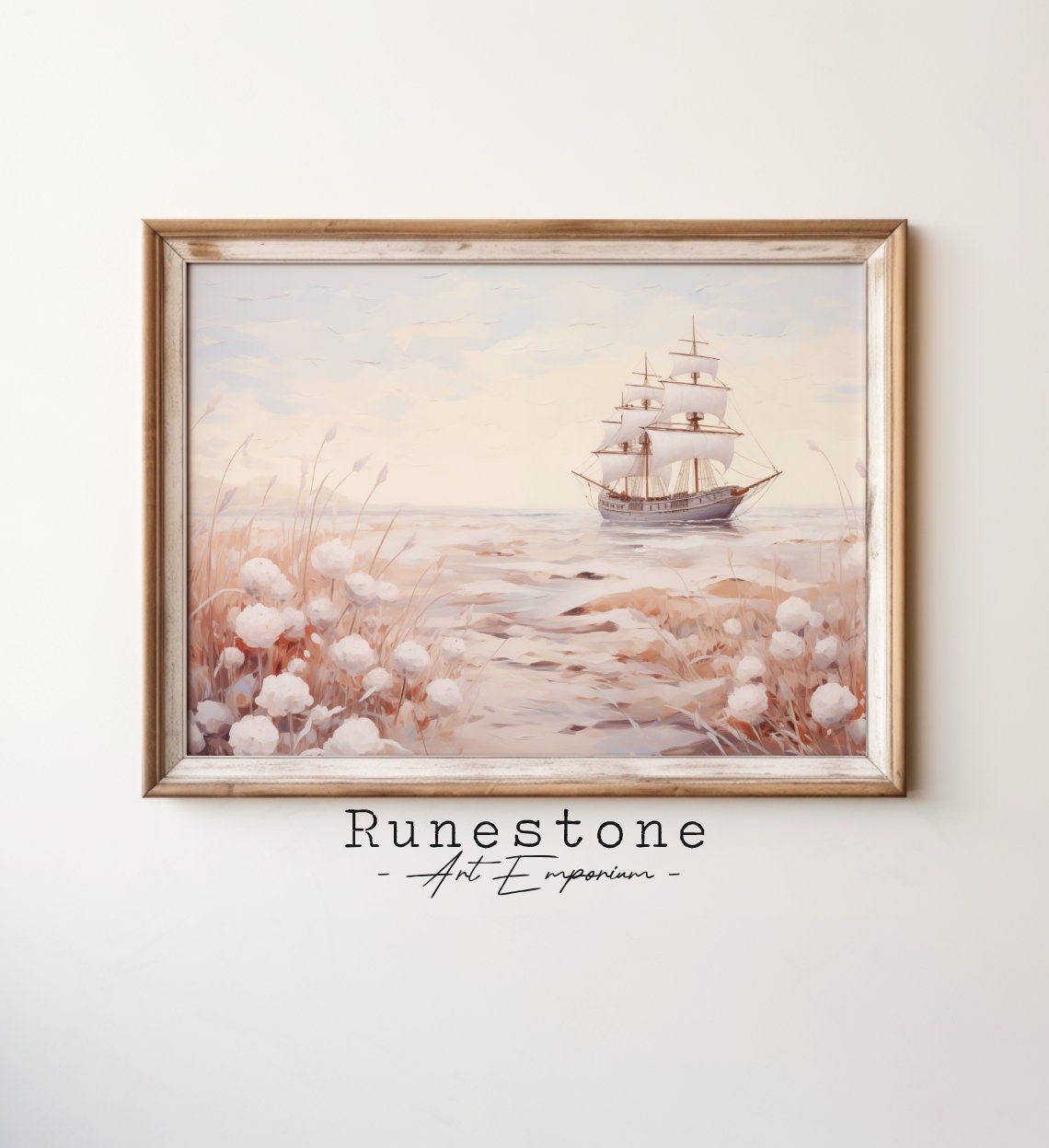 Tall Ship At Anchor Blush Pink Waters Coastal Nautical Vintage Poster