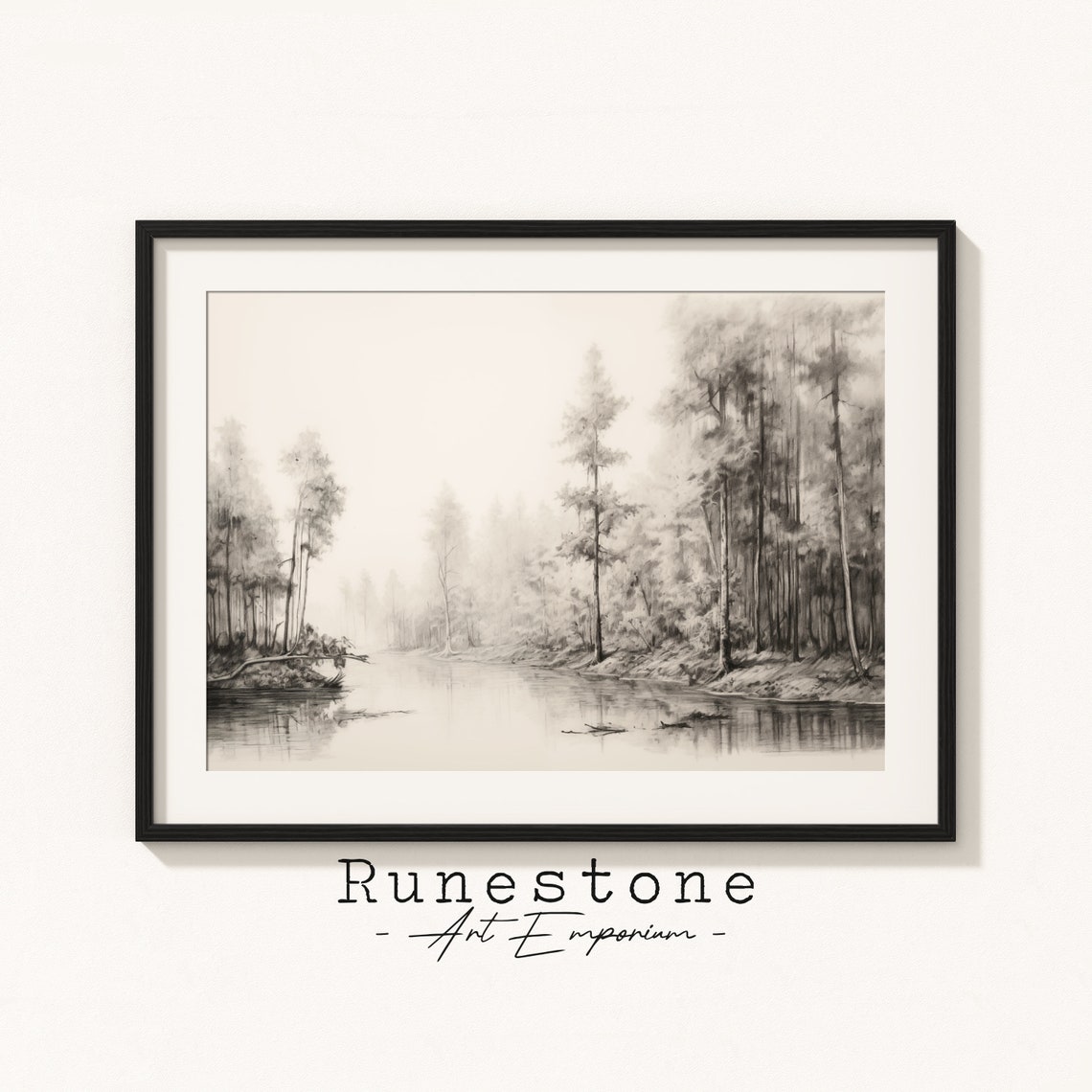Still Forest Stream Botanical Sketch Drawing Minimal Landscape Pencil Home Decor Neutral Art Print