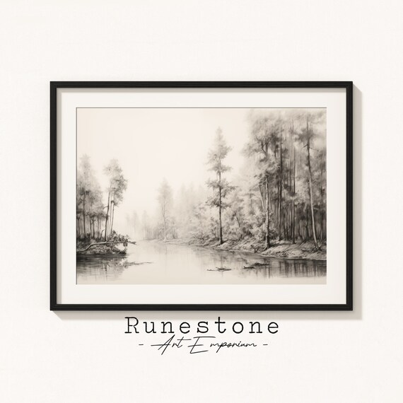 Misty Forest Stream Pencil Sketch River Trees Minimalist Art Poster