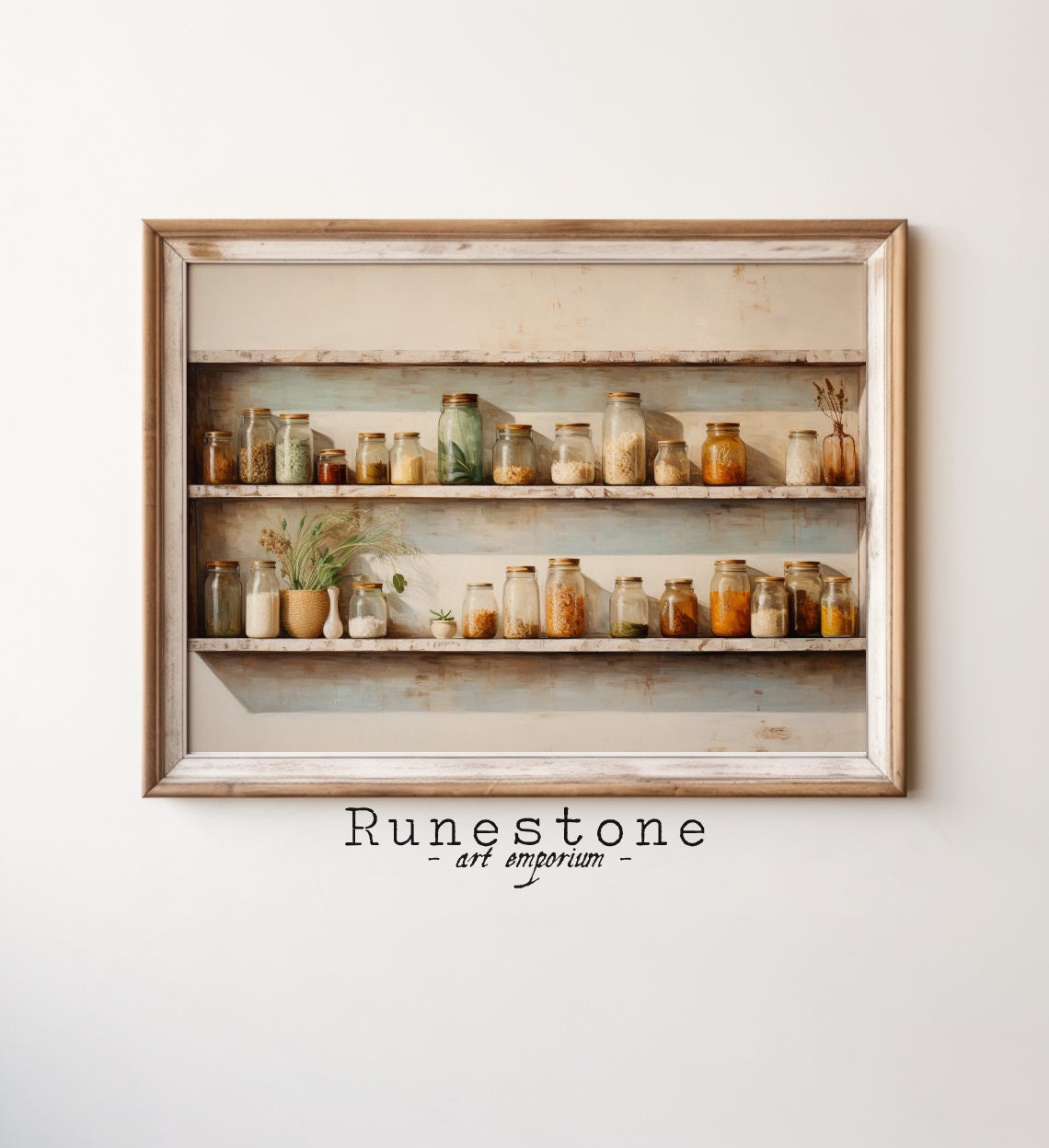 Rustic Pantry Shelves With Vintage Glass Jars Farmhouse Kitchen Poster