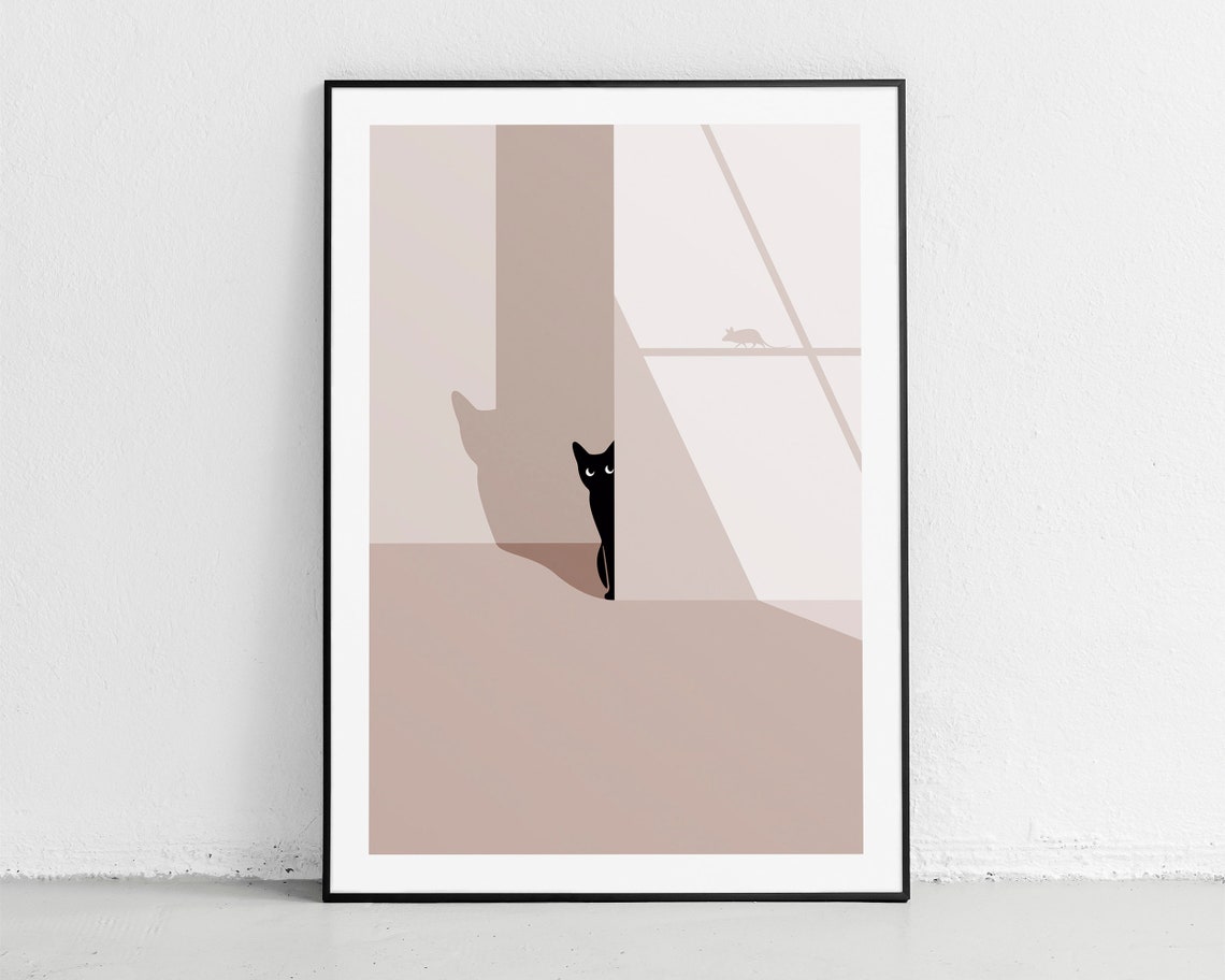 Black Cat Peeking Minimalist Boho Cute Cat Nursery Art Poster