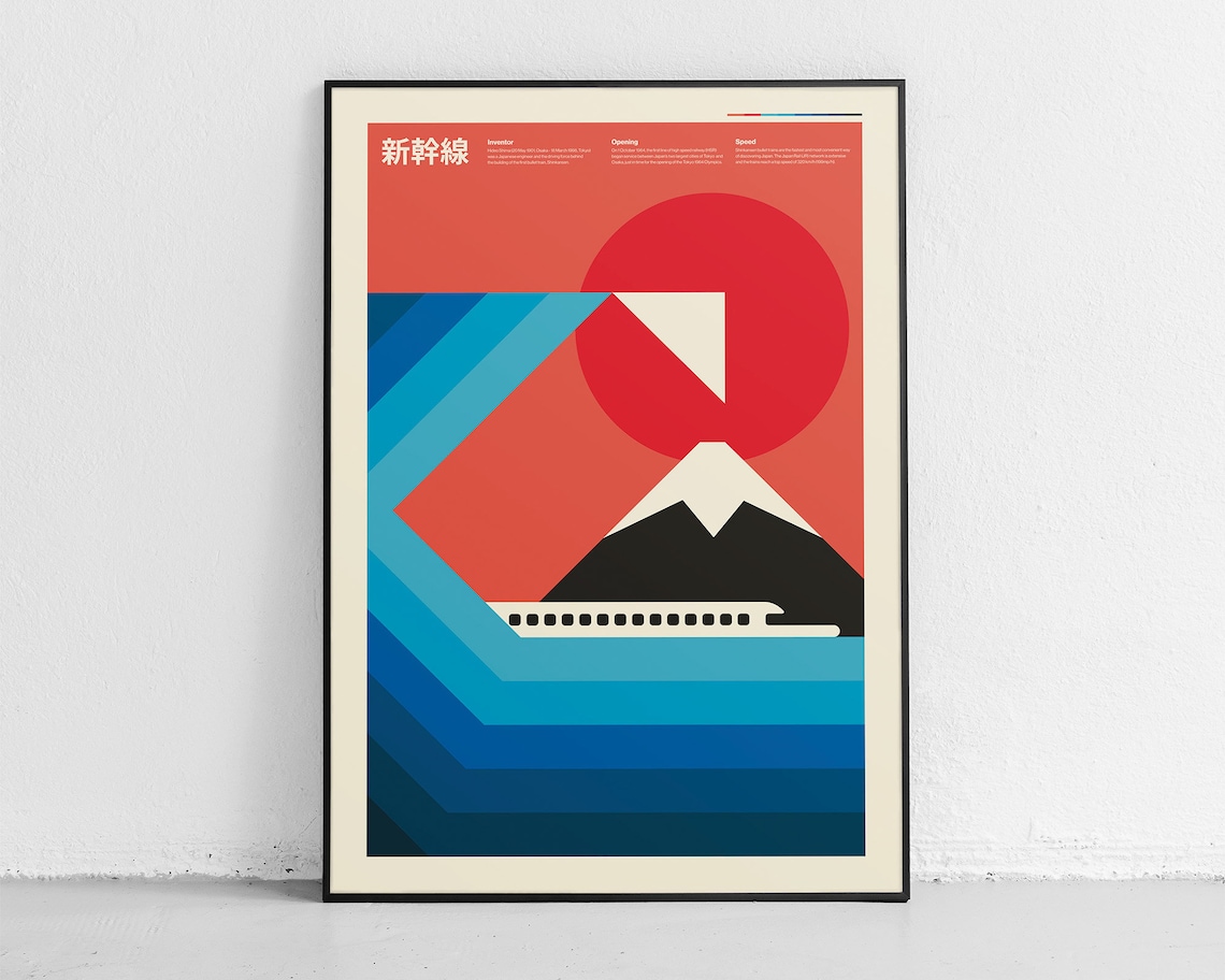 Bullet Train Travel Poster, Minimalist Mid-Century Style