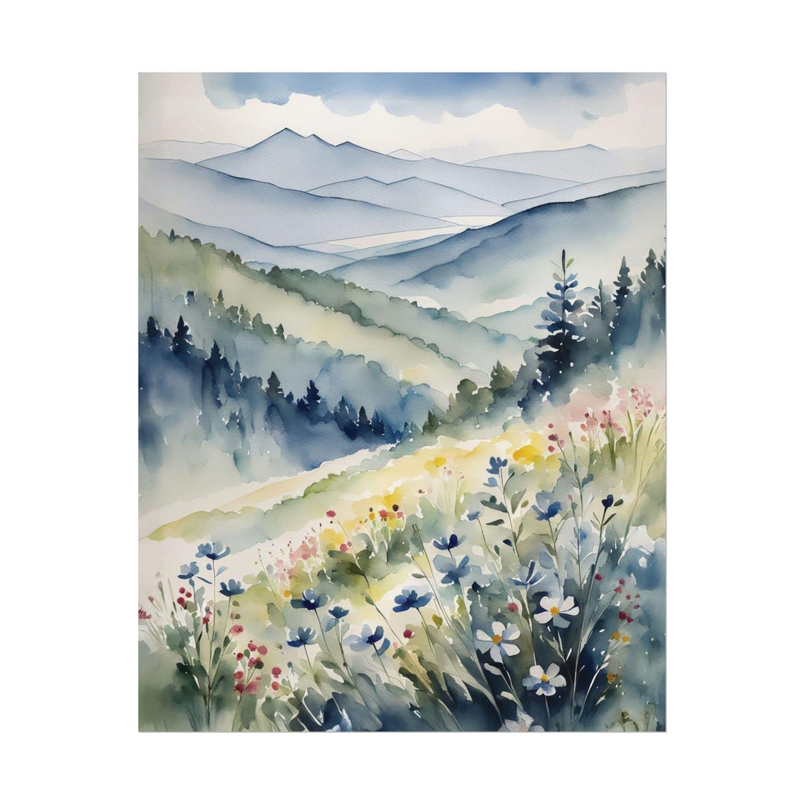 Blue Mountain Wildflower Bloom Meadow Watercolor Landscape Poster