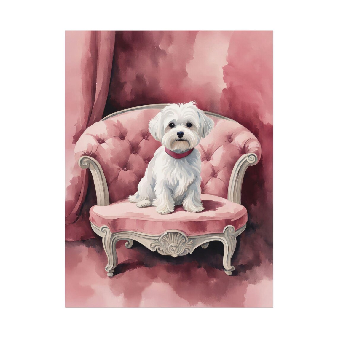 White Maltese Pink Victorian Chair Watercolor Dog Portrait Wall Art