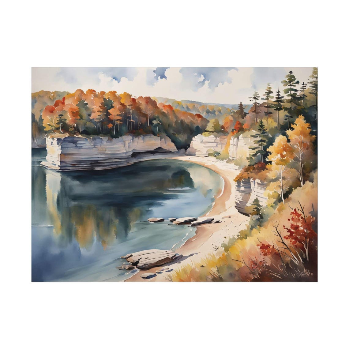 Autumn Lakeshore Cove Rocky Cliffs Fall Watercolor Landscape Poster