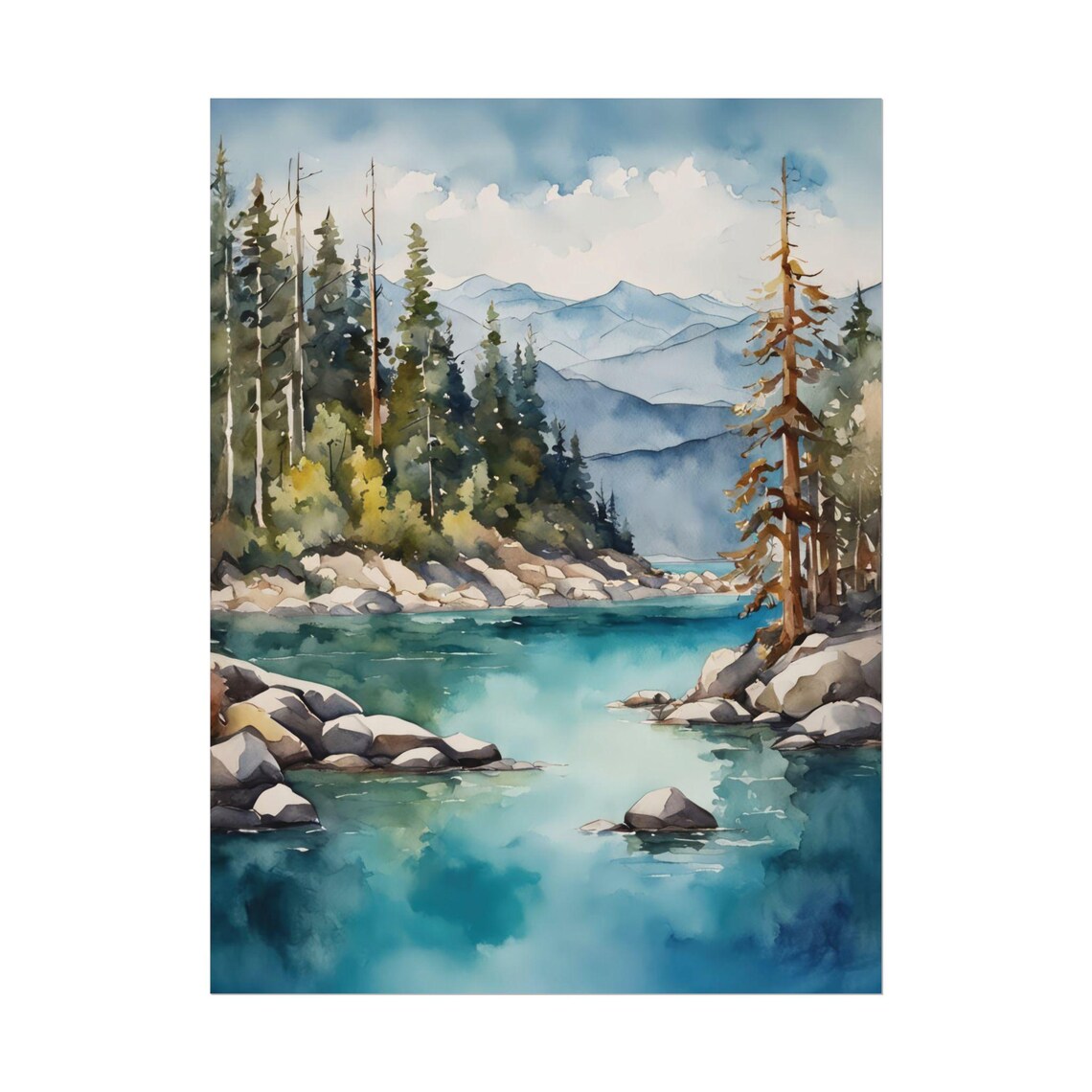 Lake Tahoe Rocky Shoreline Tall Pine Blue Lake Watercolor Poster