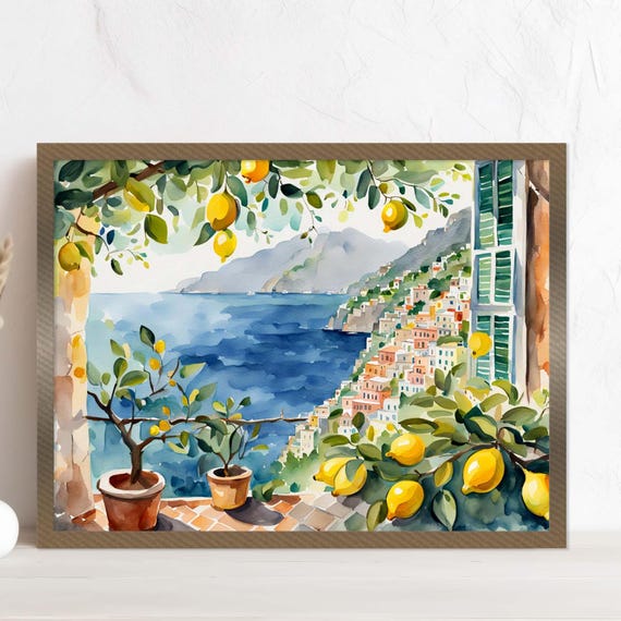 Amalfi Coast Italy Print Positano Watercolor Painting Lemon Tree Artwork Italian Cityscape Wall Coastal Poster