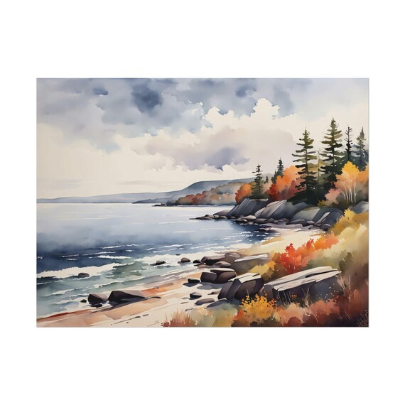 Autumn Lake Superior Watercolor Painting Michigan Landscape Rock North Shoreline Great Lakes Art Print