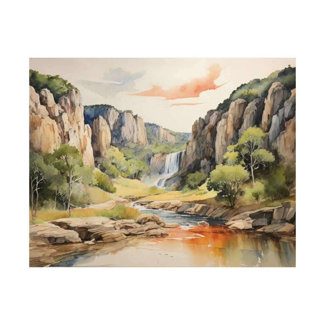 Canyon Waterfall and Rocky River Watercolor Landscape Poster