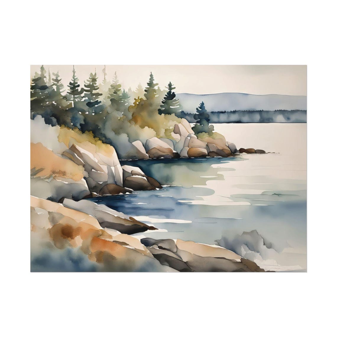 Maine Rocky Coastline Pine Trees Serene Watercolor Seascape Poster