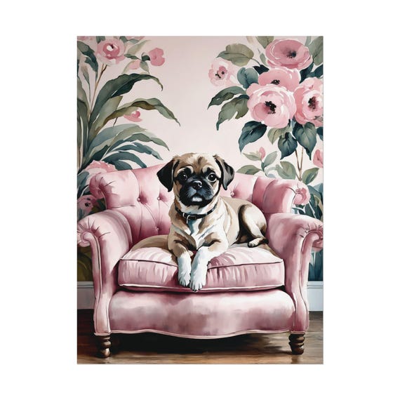 Pugapoo Art Print Pink Floral Wall Cute Dog Lover Poster Gift Watercolor Painting