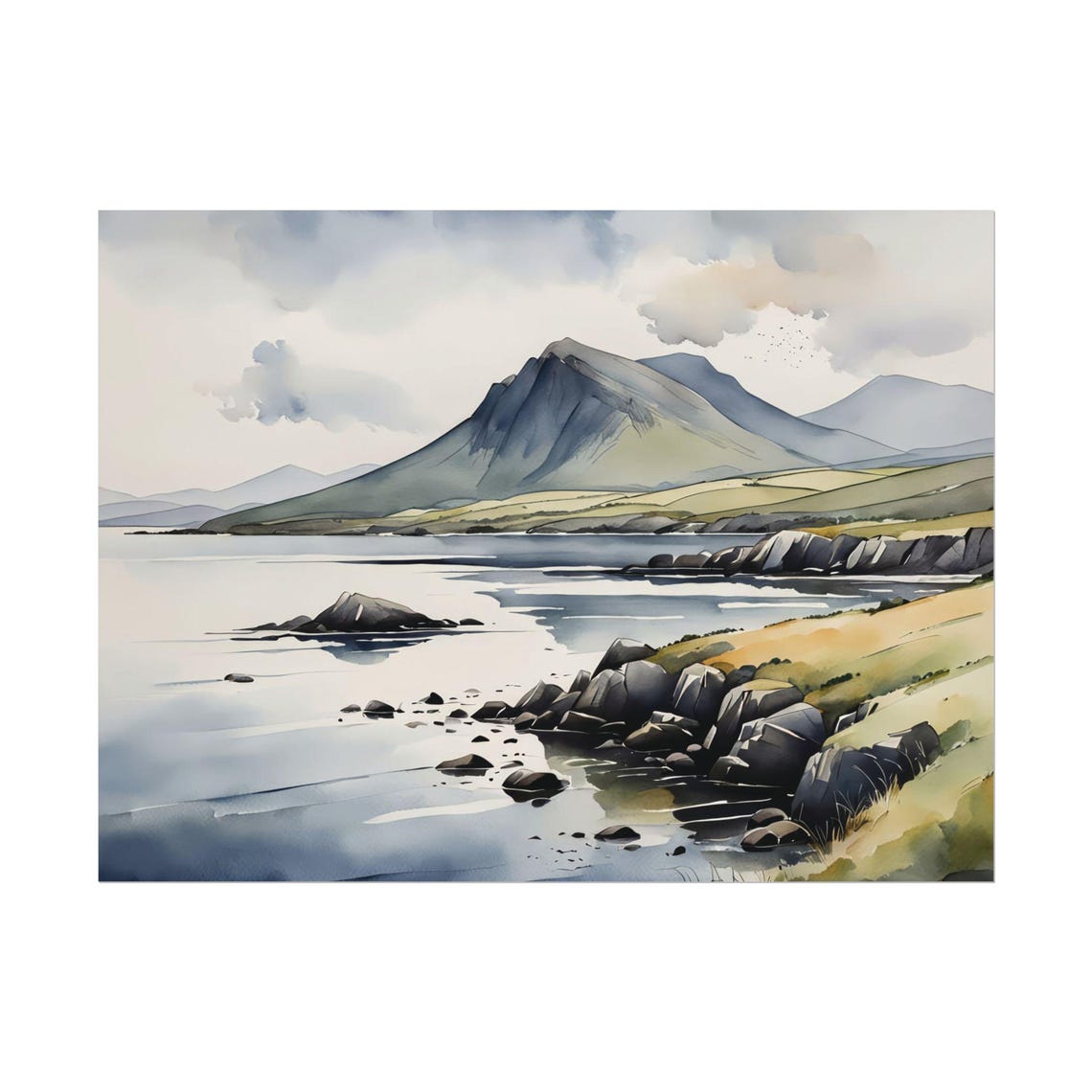 Rugged Coastal Mountain Cove Dramatic Watercolor Landscape Poster