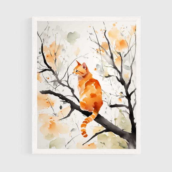 Orange Tabby Cat In A Tree Watercolor Painting Blue Sky Pets Art Print Animal Wall Poster Family Feline Pet
