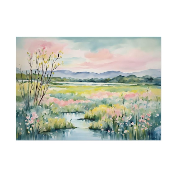 Pastel Marsh Meadow Stream Spring Watercolor Landscape Poster