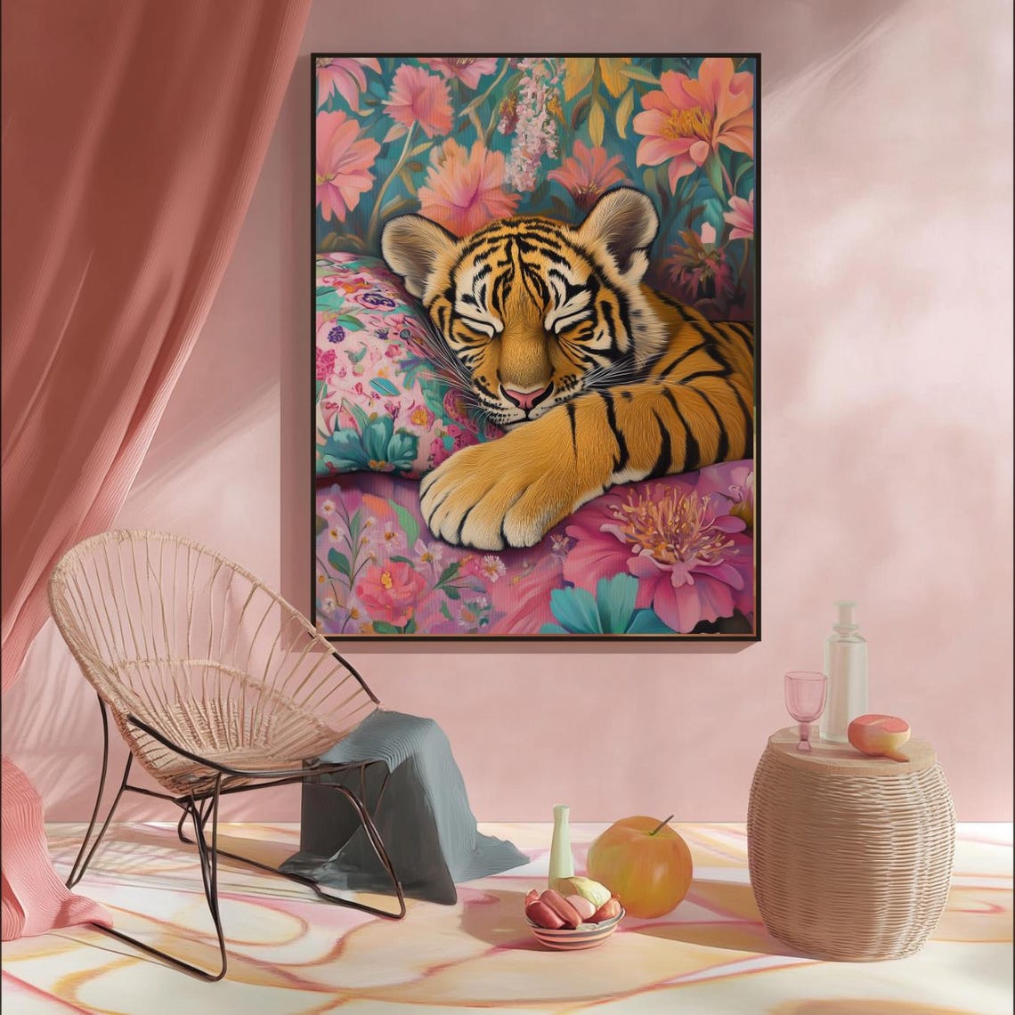 Sleeping Tiger Cub Pink Floral Maximalist Nursery Animal Poster
