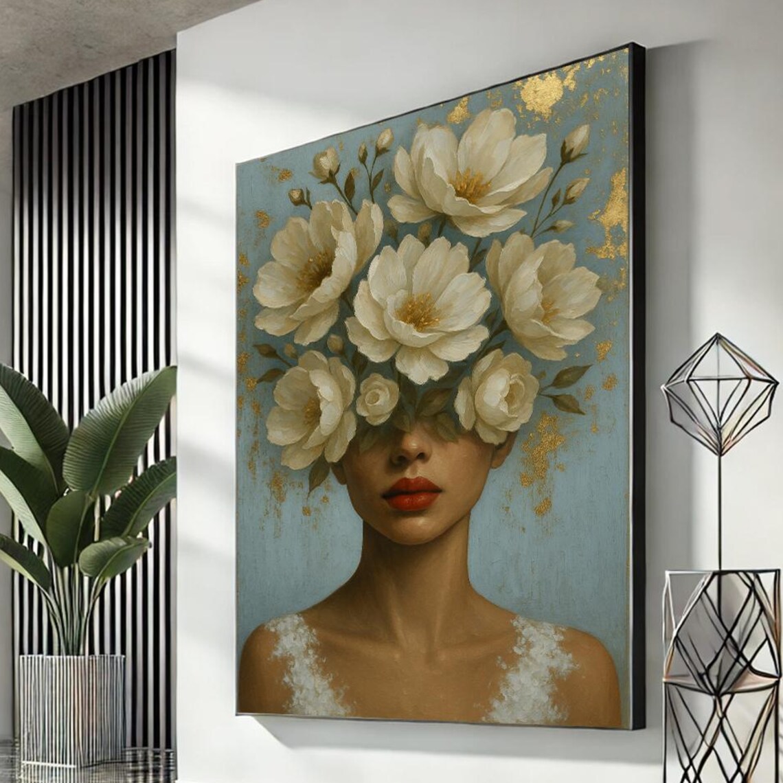 Woman Floral Headdress White Peony Gold Leaf Portrait Art Poster