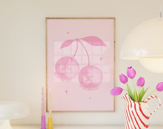 Follow The Call Of The Disco Ball Print Aesthetic Dorm Decor Trendy Bar Cart Art Disco Ball Cherry Print Disco Print Wall Art