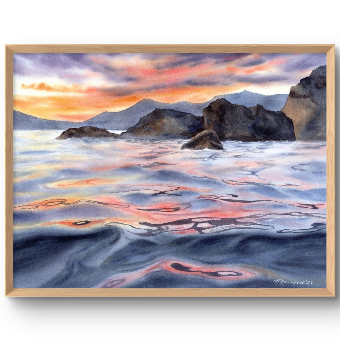 Rocky Coast Sunset Seascape Watercolor Twilight Ocean Reflection Poster