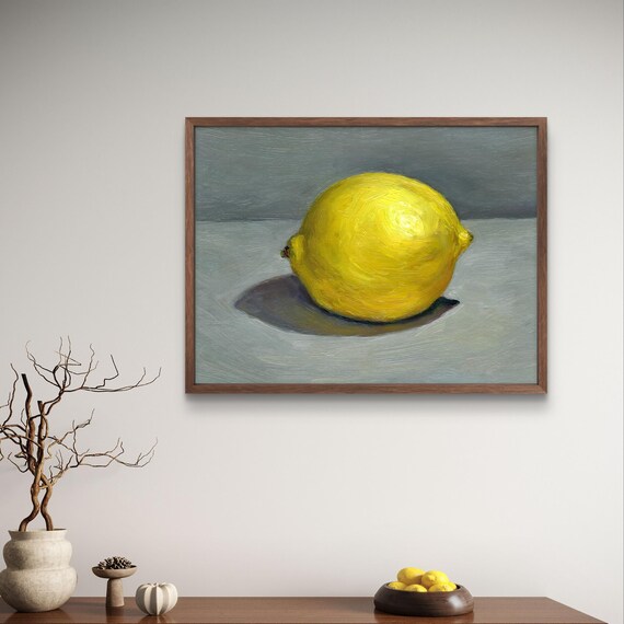 Lemon Still Life Oil Painting Minimalist Bright Yellow Citrus Fruit Poster