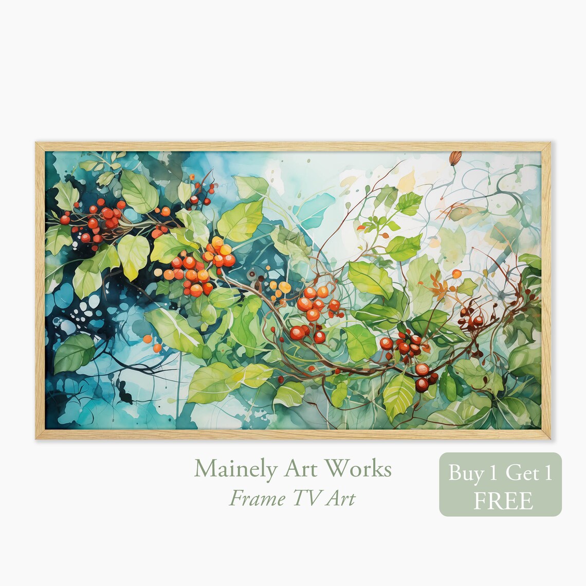 Red Berry Branch Green Leaf Botanical Teal Watercolor Wall Art
