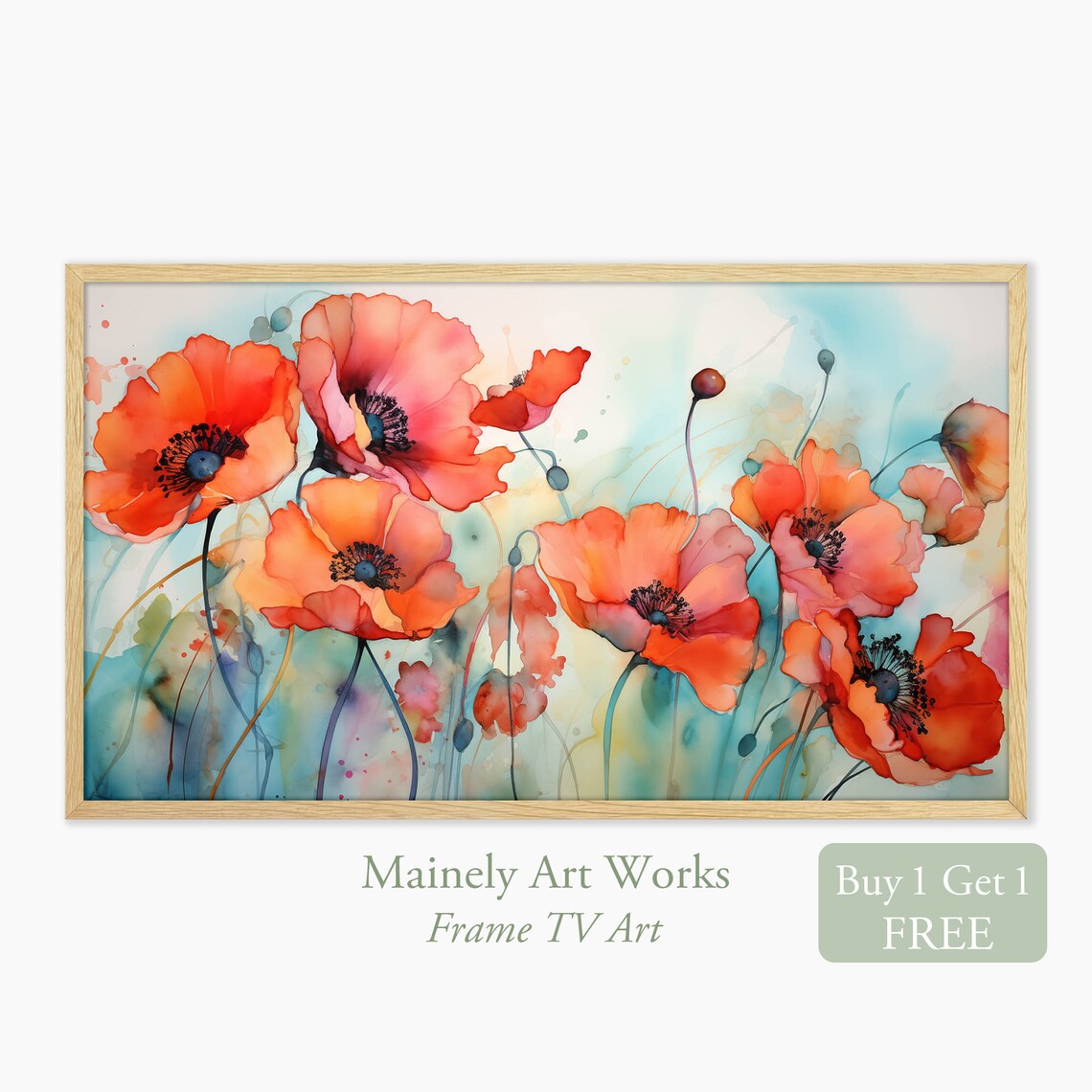 Coral Red Poppy Field Watercolor Flower Art Living Room Poster - Image 3