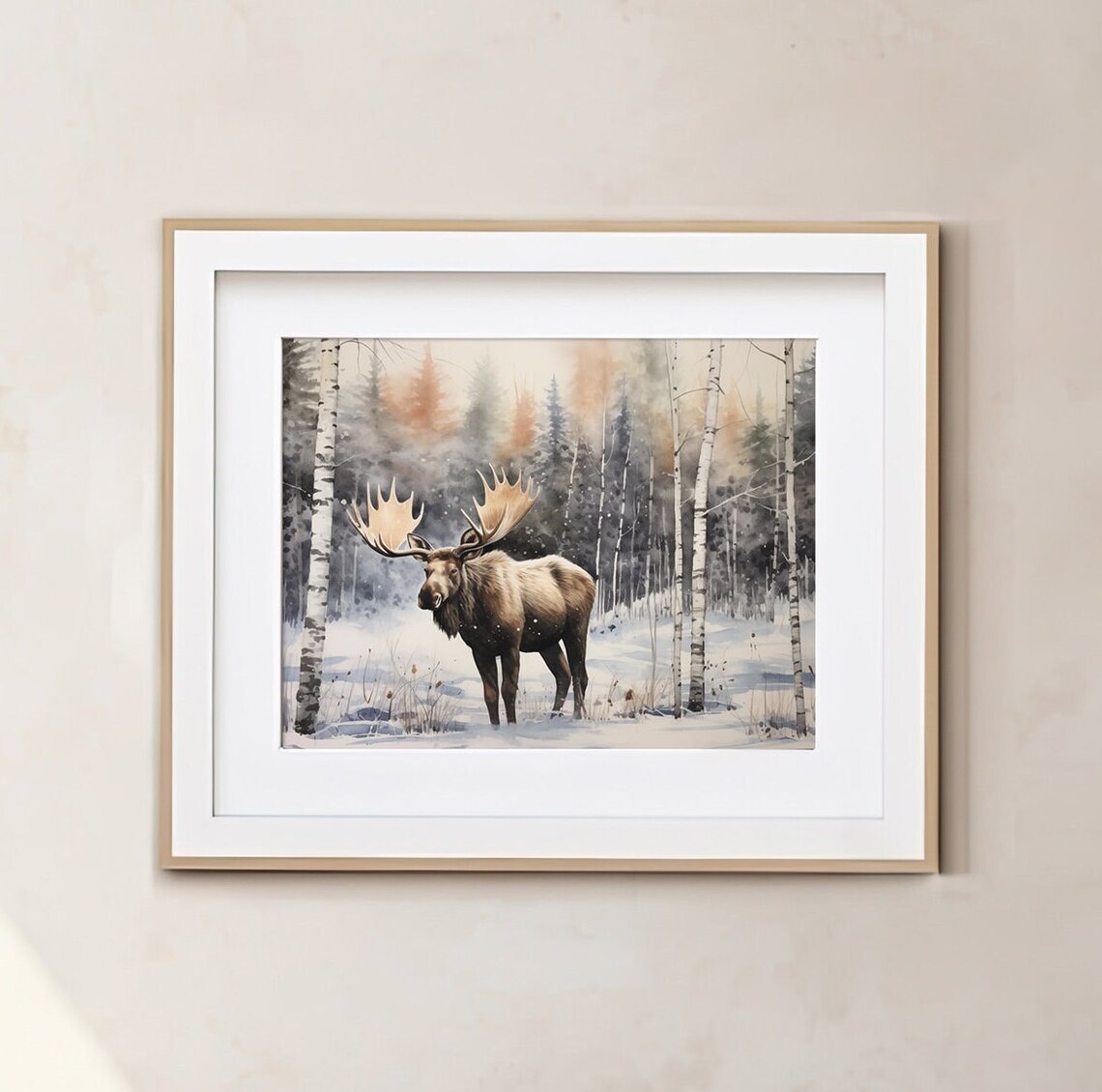 Majestic Moose In Snowy Birch Forest Winter Watercolor Wildlife Wall Art Print