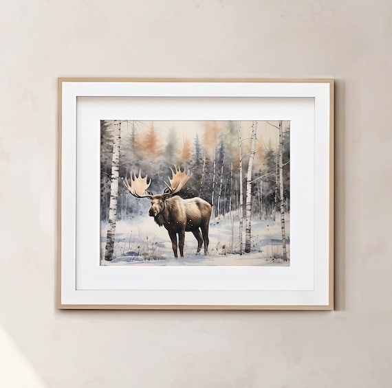 Majestic Moose In Snowy Birch Forest Winter Watercolor Wildlife Wall Art Print