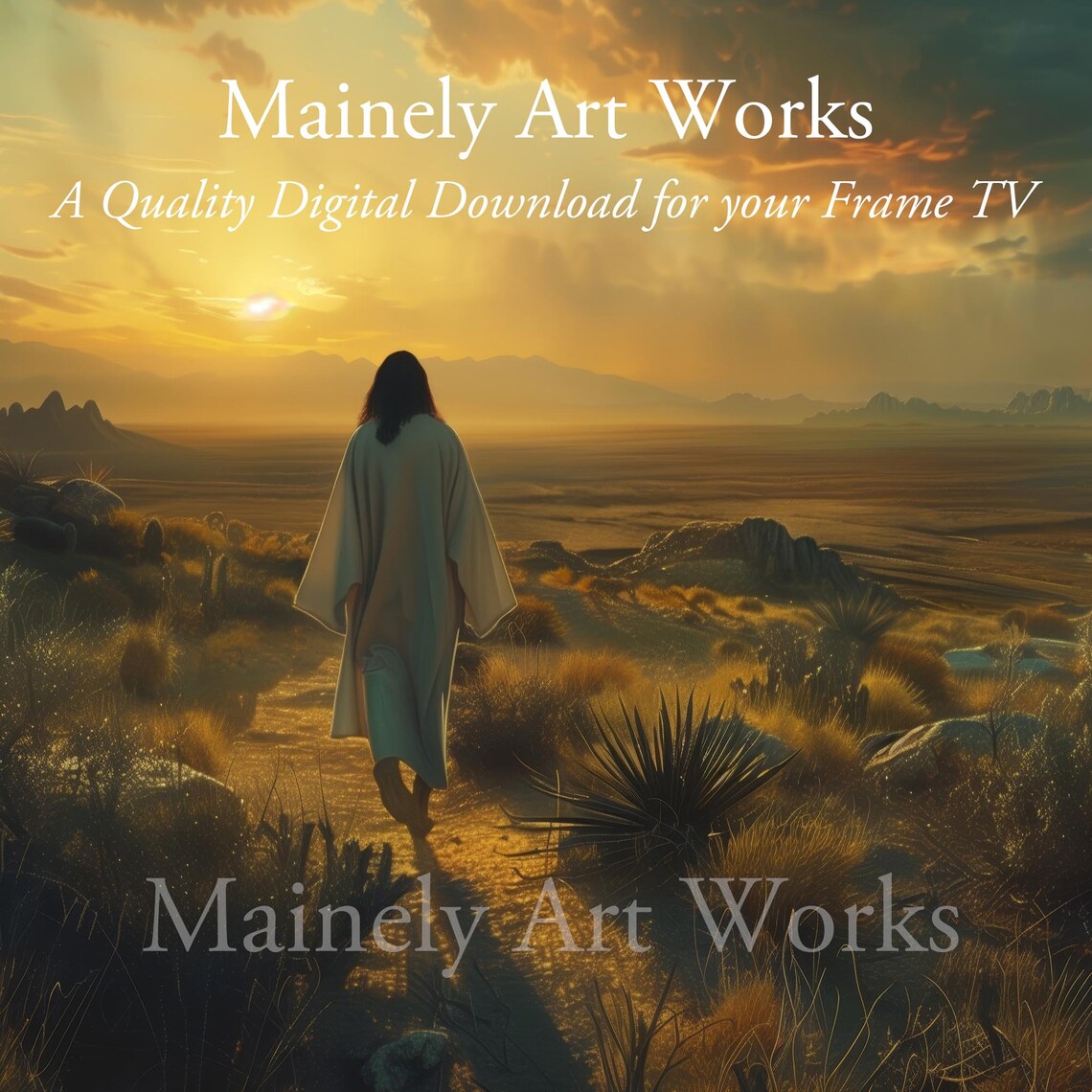 Jesus Walking Desert Toward Golden Sunset Religious Christian Wall Art Print - Image 3