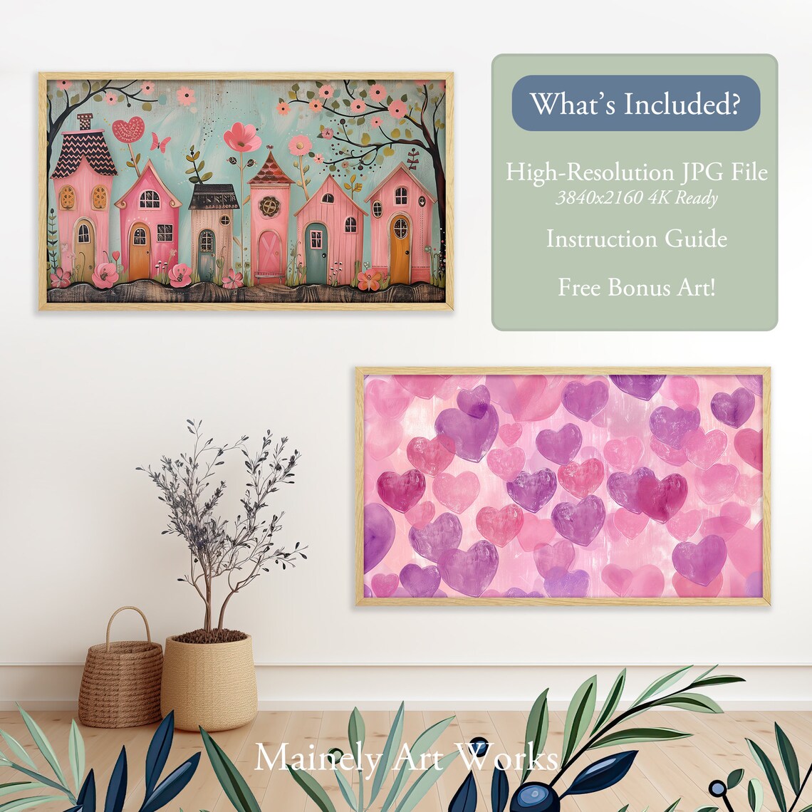 Valentine Pink Houses Folk Art Style Art Print - Image 2