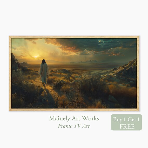 Jesus Walking Desert Toward Golden Sunset Religious Christian Wall Art Print