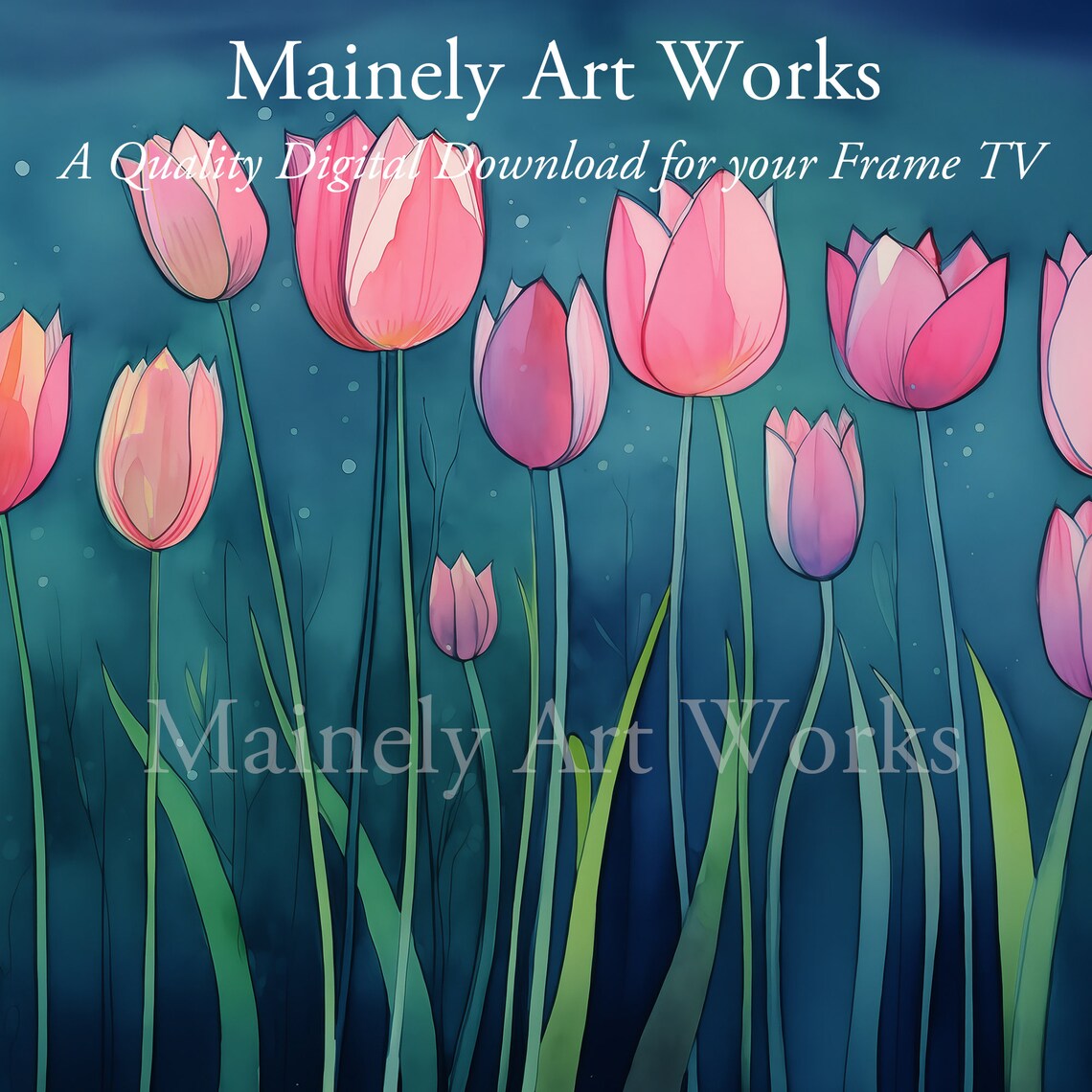Pink Tulips On Tall Stems Deep Teal Night Sky Spring Flower Wall Art Print - Image 3