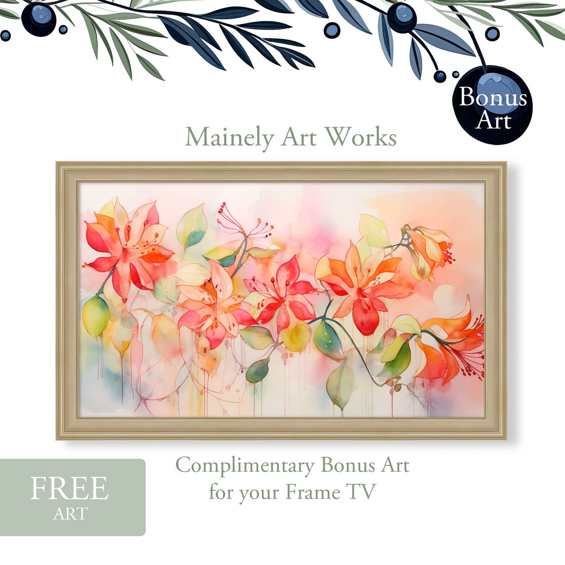Frame Tv Art Painting Of Holly For Tv Watercolor Floral Tv Art Modern Floral Art Honeysuckle Painting Bonus - Image 2